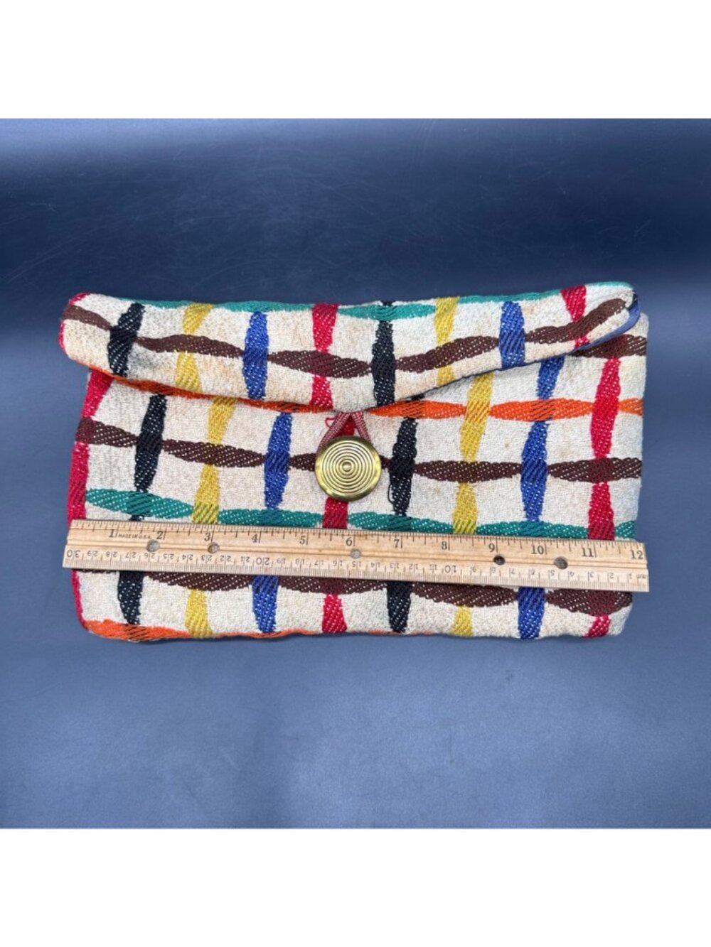 Vintage Clutch Handbag 1940s Woven Rainbow Purse Cosmetics Hosiery Mid Century - Picture 12 of 12